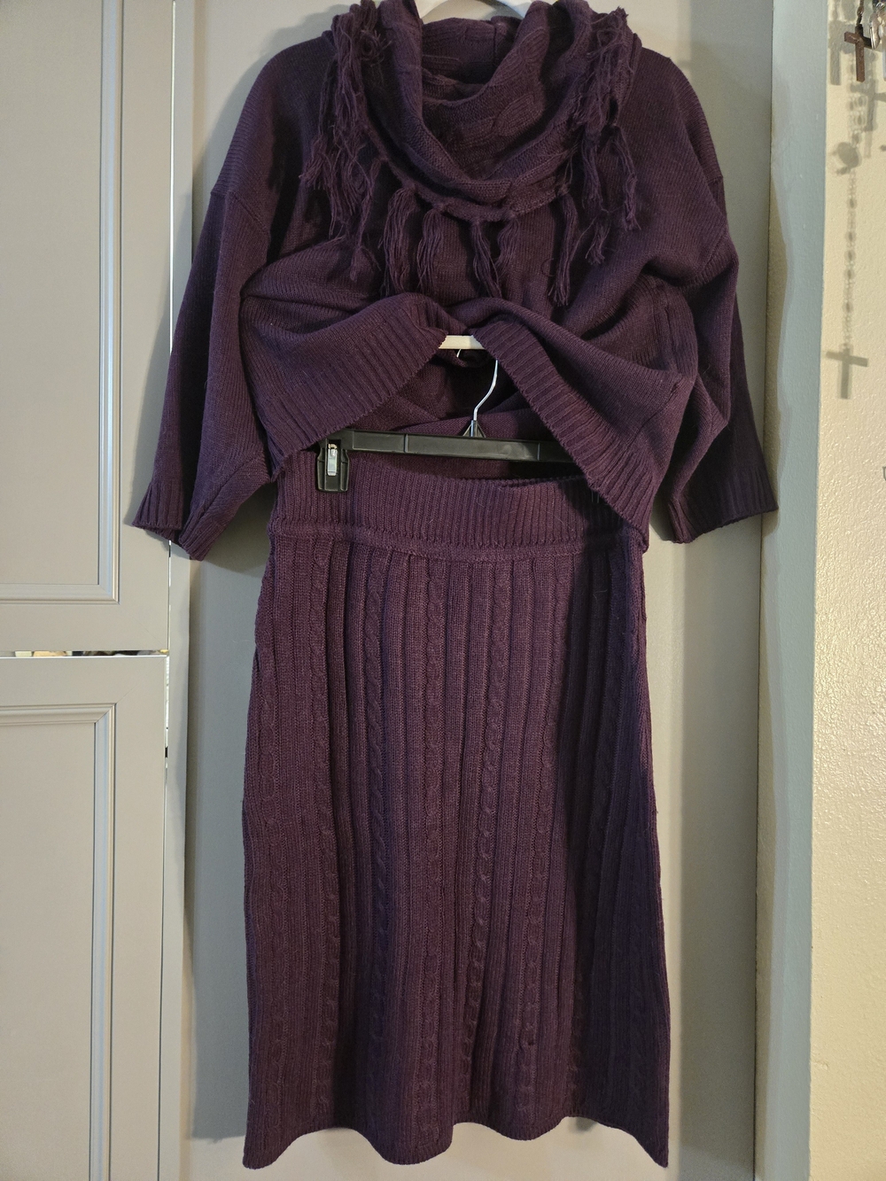 Women's Purple Cowl Neck Knit Dress with Fringe - Picture 5 of 7